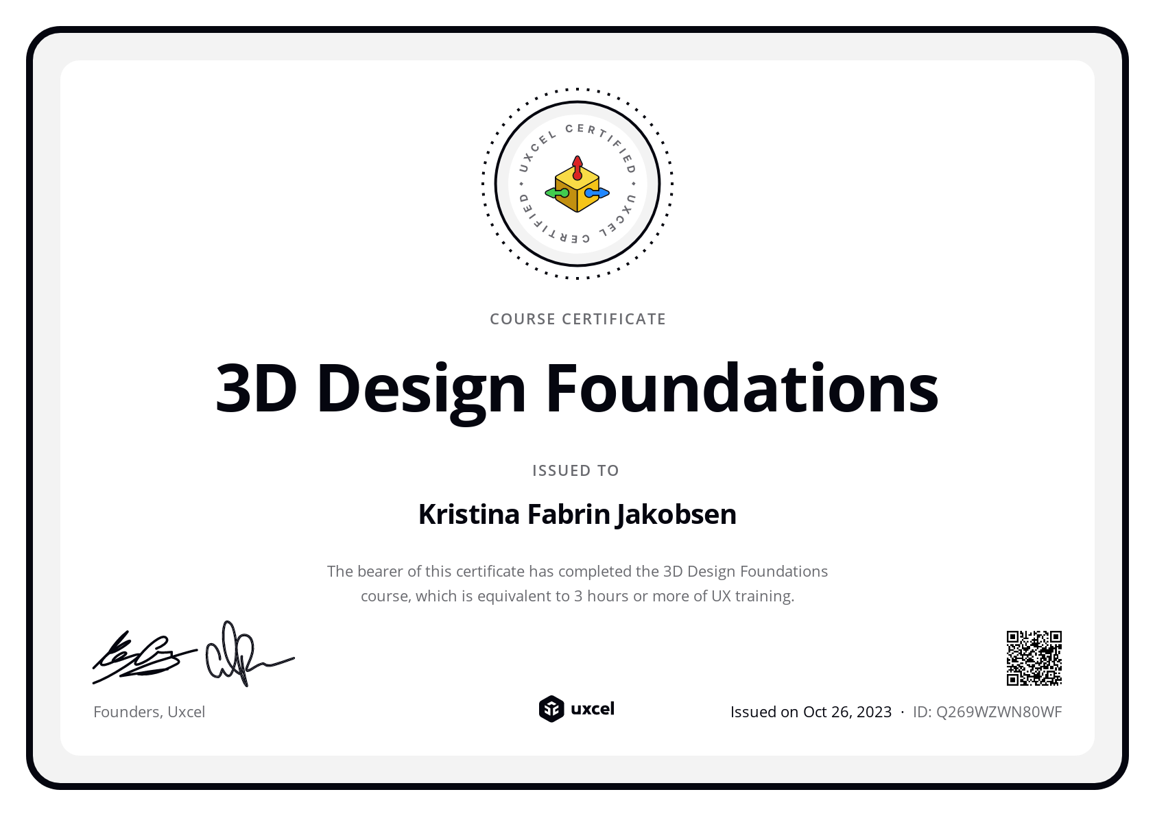 Kristina Fabrin Jakobsen's certificate